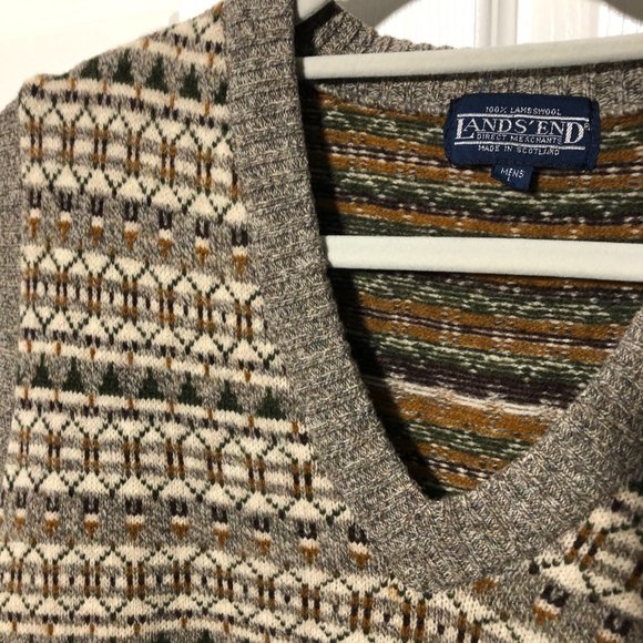 LANDS' END 100% Scottish lambswool beigy print grandpa sleeveless sweater, L - Picture 4 of 9